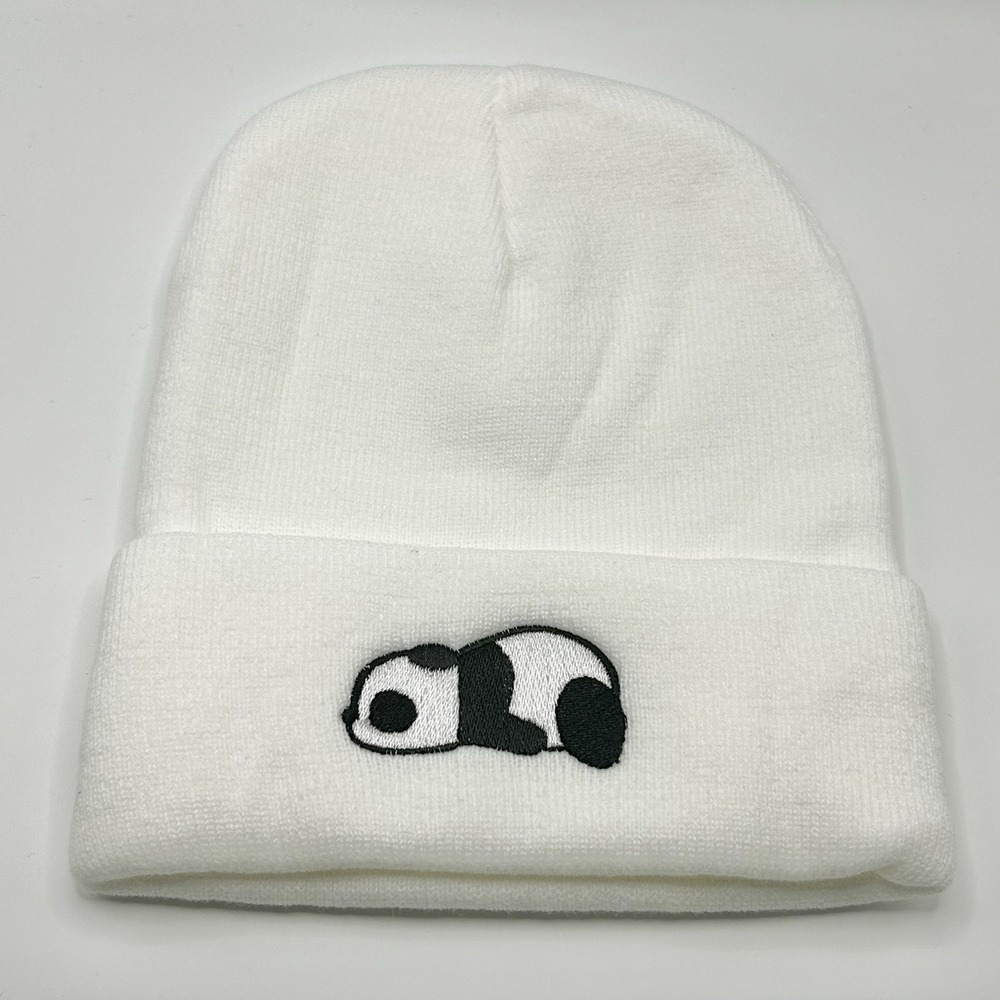 Panda Sleeping Animal Cartoon Beanie Hat Cap Knit Cuff White Fashion Casual